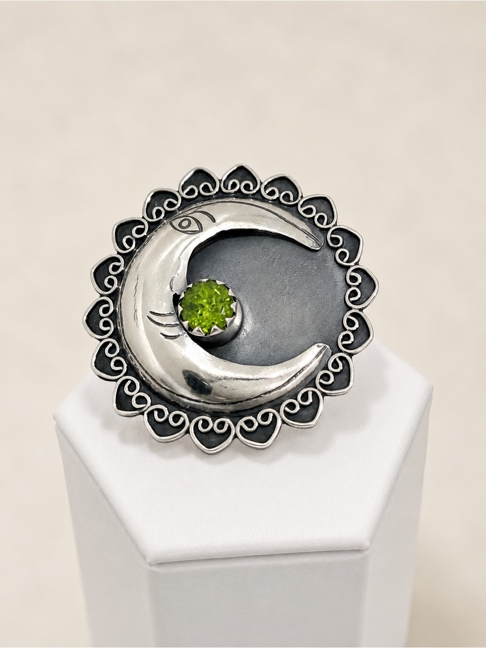 950 Sterling Silver Crescent Moon Ring with Peridot Stone